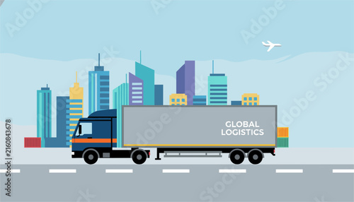 Global logistics and transportation banner featuring a large delivery cargo truck driving on the highway near city.