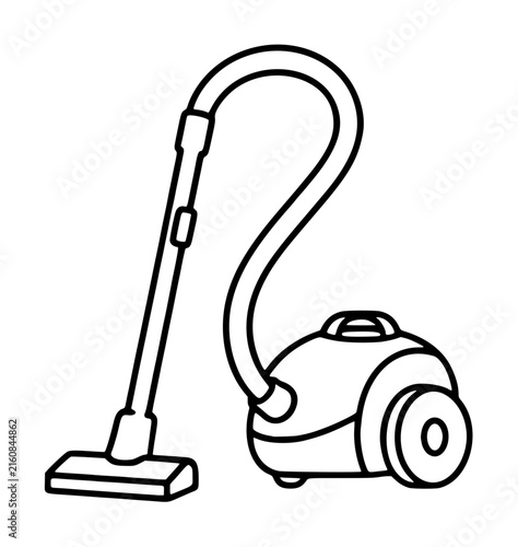 Hand-traced black line vector icon illustration of a classic canister vacuum cleaner with curved hose, telescopic wand, and floor cleaning attachment, minimalist outline design for graphic use