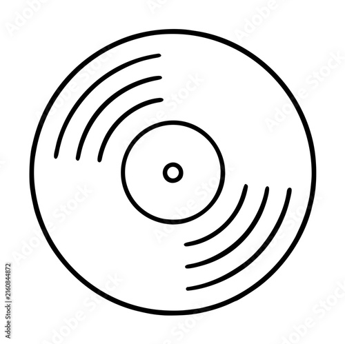 Minimalist hand drawn vinyl record vector icon illustration with concentric grooves and central spindle hole, monochrome line art design suitable for music and audio themed graphic projects