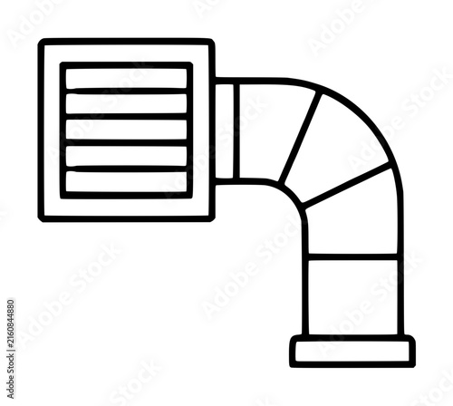 Hand-drawn black outline vector icon illustration of a ventilation air duct with curved elbow pipe connected to a louvered square vent grille, perfect for HVAC and building design graphics