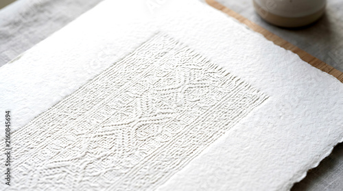Debossed pattern on cotton paper, textured surface with intricate design featuring texture, craft