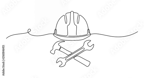 Continuous Line Drawing of Construction Hard Hat with Crossed Hammer and Wrench Tools; Minimalist Industrial Safety and Labor Concept Vector Illustration on White Background for Engineering.