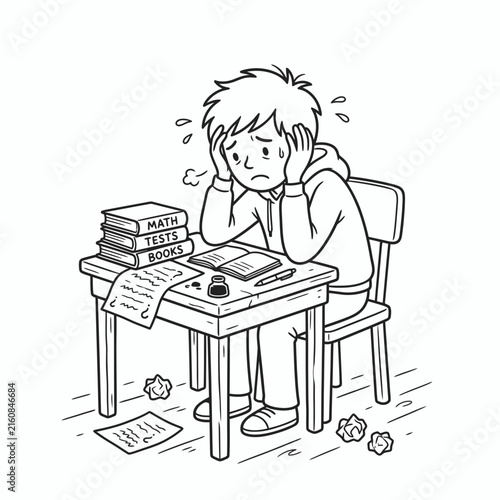 Stressed Student Boy Studying for Math Exam at Desk, Sad Tired Child Overwhelmed by Homework and School Tests, Black and White Line Art Illustration of Academic Pressure and Anxiety