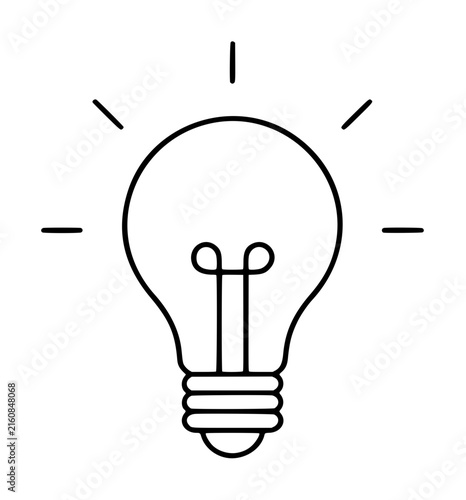 Hand-traced line art vector icon of a glowing incandescent lightbulb with filament and radiating rays, minimalist black outline illustration on white background, symbolizing bright ideas, inspiration