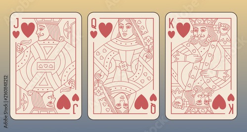 Plauing cards set: King, Queen and Jack of Hearts.  Cozy color palette. Vector editable illustrations. Classic pattern design, digital-ready design.	
