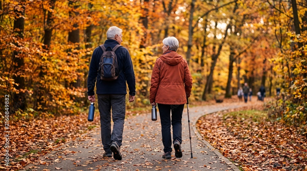 Obraz premium Elderly couple enjoys a scenic autumn walk through a park