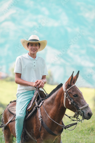 Cuadro en lienzo Young boy smiling riding a mule outdoors