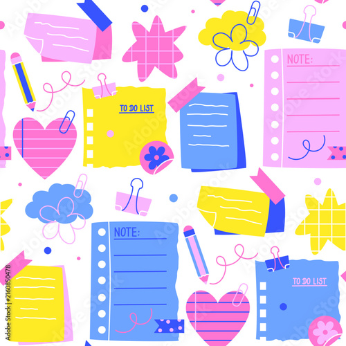 Creative workspace aesthetic seamless background. Flat lay doodle style brainstorming concept print.