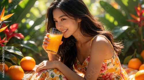 Young Asian woman drinks fresh orange juice from glass. She wears a floral dress, sits outdoors near oranges and tropical plants. Healthy beverage enjoyment.