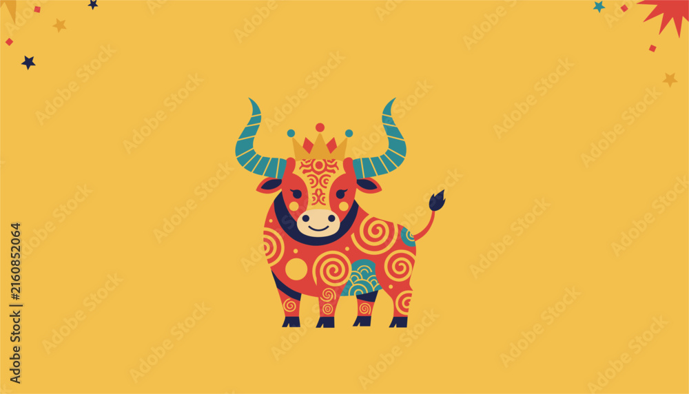 Fototapeta premium Stylized Chinese zodiac ox wearing a small crown on a yellow background decorated with festive stars and sparkles.
