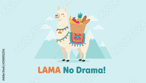Cute fluffy white llama carrying a basket of fresh fruits over snowy mountain peaks under a sunny sky with Lama No Drama text.
