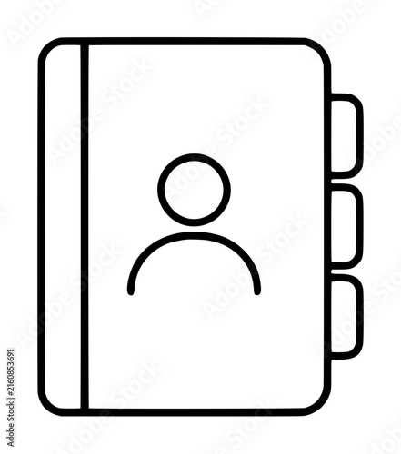 Minimalist hand-drawn black line vector icon depicting an address book with tabbed index dividers and a person silhouette profile on the cover, isolated on white background