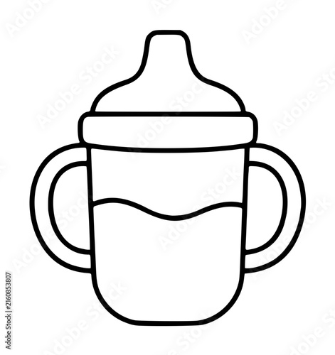 Hand-Drawn Sippy Cup Vector Icon with Side Handles, Nipple, Black Outline, Clean White Background, Toddler Drinkware Illustration