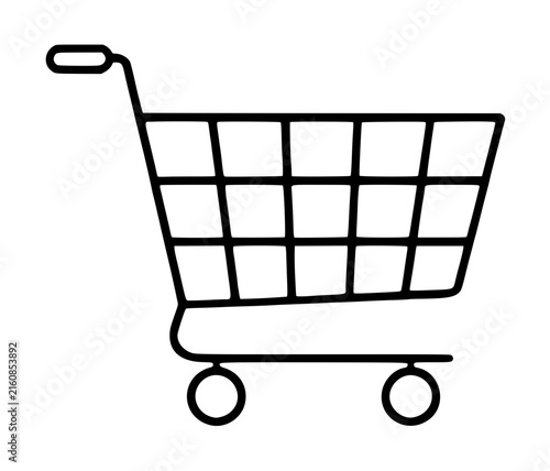 Hand-traced vector icon illustration of a minimalist shopping cart rendered in clean black outlines, featuring a trapezoidal basket with grid pattern, curved handle, and two circular wheels on a