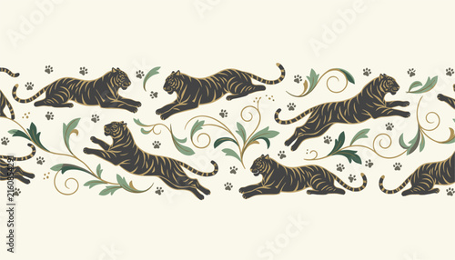 Elegant seamless border of powerful dark tigers leaping and resting among delicate golden and green leaves.