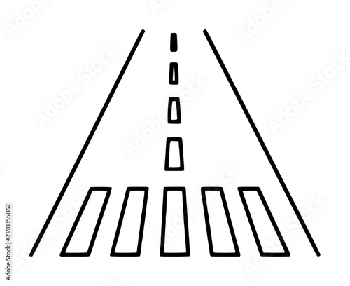 Hand-traced vector icon illustration showing a paved road with dashed centerline markings and a pedestrian crosswalk in minimalist black and white line art style