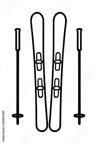 Hand-traced vector icon illustration of a pair of skis with ski poles, minimalist black outline design on white background, winter sports equipment graphic