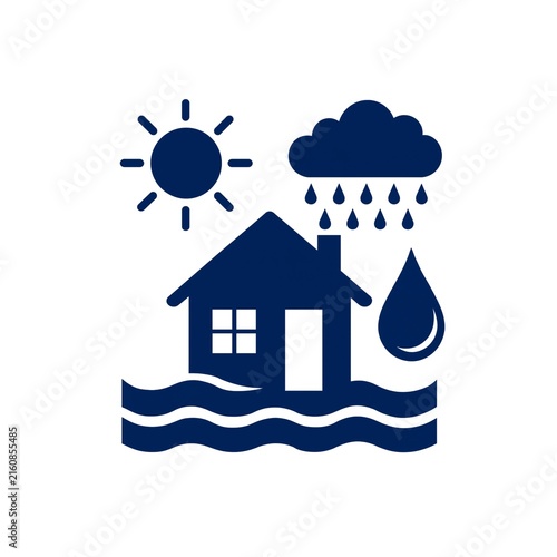Simple flat vector icon depicting a house submerged in floodwaters under a sky with both sun and rain, symbolizing natural disaster, extreme weather, and environmental impact