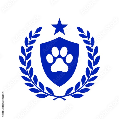 Blue shield icon with pet paw print star and laurel wreath representing animal protection and veterinary care