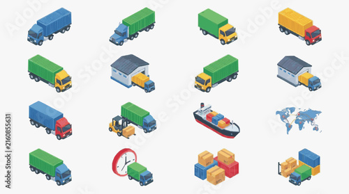 Sleek Colorful Isometric Illustrations of Global Logistics and Freight Transport with Trucks Ships Warehouses and Containers
