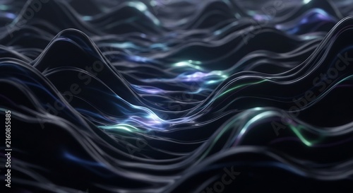 Abstract Dark Wavy Surface with Glowing Blue and Green Highlights.