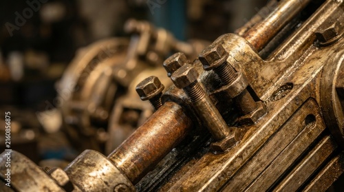 Aged Industrial Metal Pipes and Fittings With Warm Workshop Light