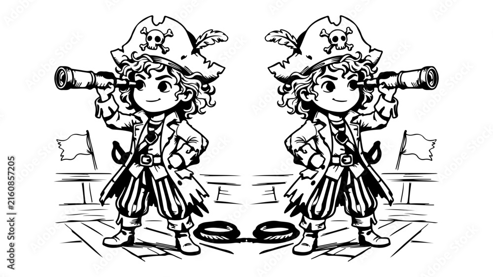 Fototapeta premium Cute cartoon pirate child looking through a telescope on a ship deck line art illustration