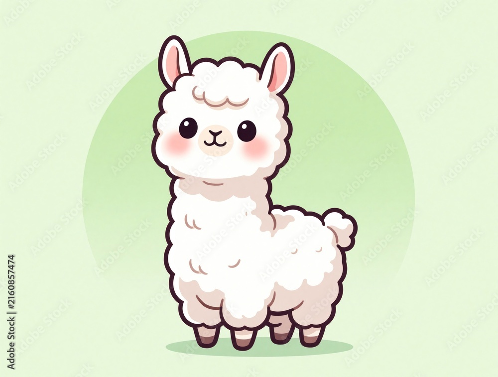 Naklejka premium Cute white llama cartoon character stands on light green background. Adorable fluffy animal with pink cheeks, big eyes in simple flat style. Minimalist digital art for kids design nursery decor with