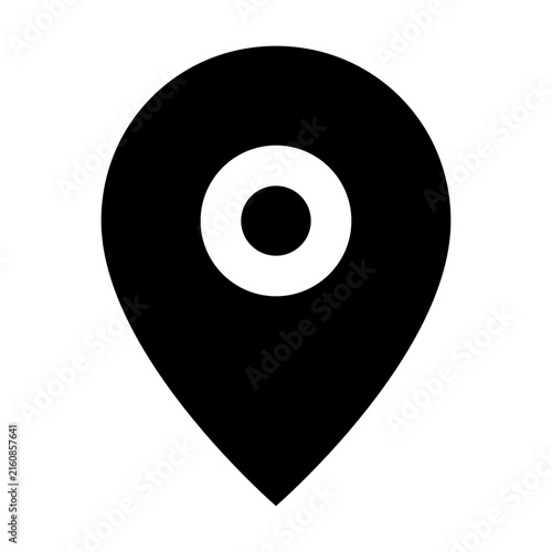 Black location pin icon on white background with circular symbol representing navigation and destination planning