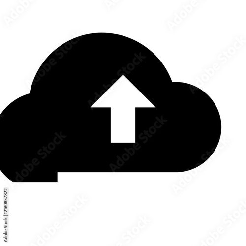 Black cloud icon with white upward arrow symbolizing data upload and cloud storage during digital transfer