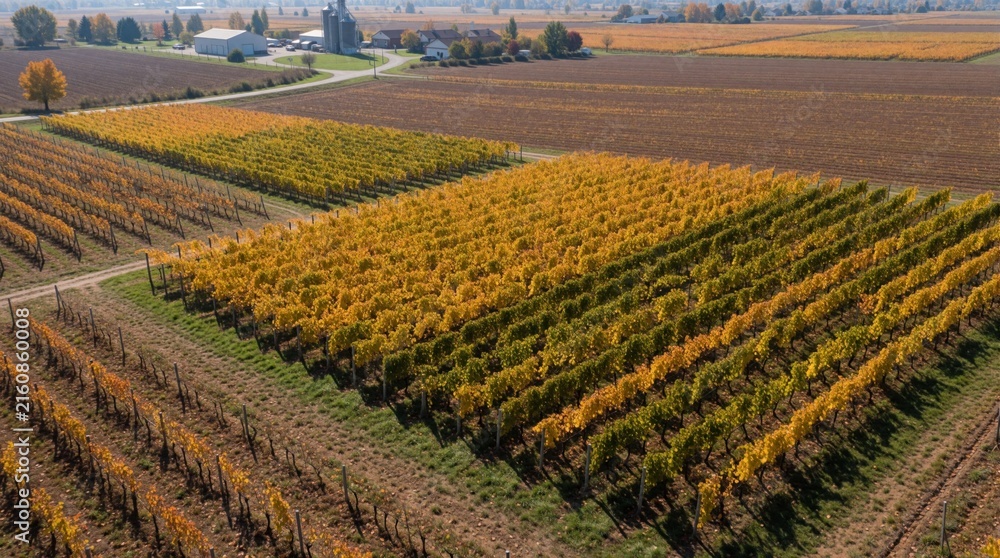 Naklejka premium Vineyard rows show autumn colors from above. Golden yellow and green leaves cover grape vines in cultivated fields. Farm buildings and silos are visible in background.