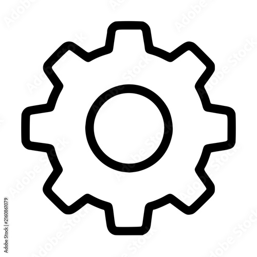 Hand-traced vector icon illustration of a classic cogwheel settings gear with eight squared teeth and a circular center hole, rendered in bold black outline on a transparent background for digital