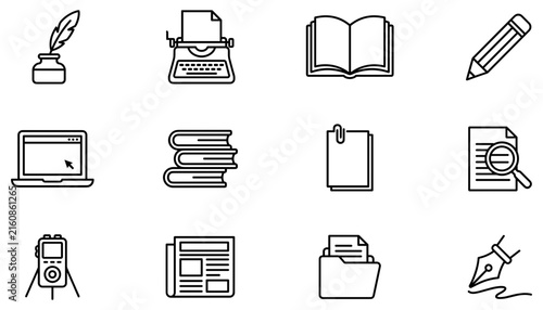 Bild auf Leinwand Journalism and creative writing line icons set with typewriter laptop books new