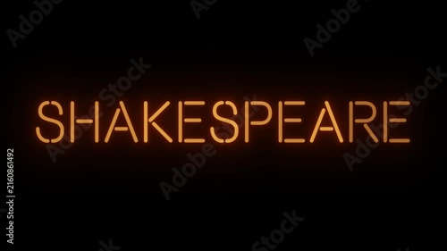 Inspirational Orange Neon Text 'SHAKESPEARE' Seamless Loop with Clear Background, Ideal for English Language Day Promos