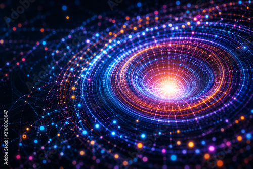 Colorful abstract digital vortex with glowing particles, circular lines, and futuristic energy