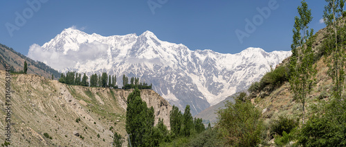 Scenic summer landscape panorama of mighty Nanga Parbat seen from Tarishing valley, Astore, Gilgit-Baltistan, Pakistan