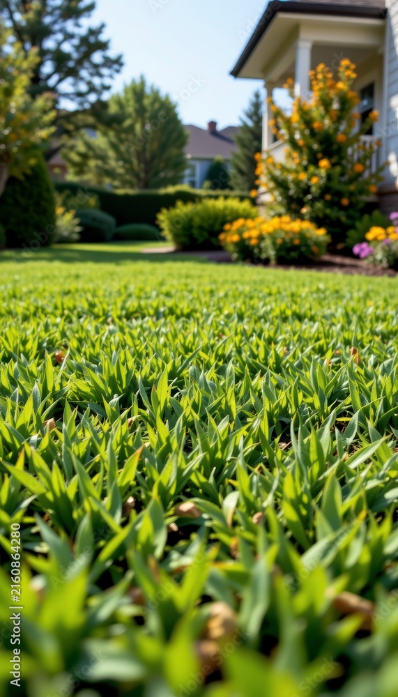 Fototapeta premium Well manicured green grass turf representing premium real estate landscape quality
