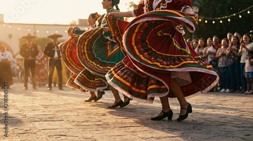Mexican folkloric dancers performing in traditional colorful dresses at sunset plaza festival, celebrating Hispanic heritage and cultural tradition.
