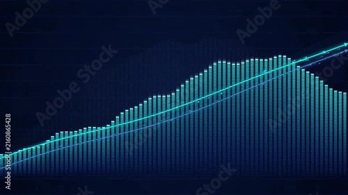 Digital stock market chart with upward trend and volume bars on dark background