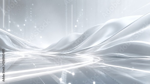 Abstract White Futuristic Background with Elegant Flowing Silk Waves, Glowing Digital Light Trails and Reflective Surface for Corporate, Technology, and Beauty Science Design Concept