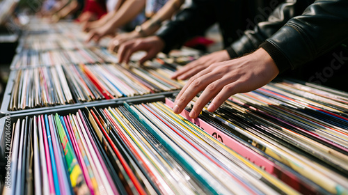 Open air vinyl market, hands flipping record crates with colorful sleeves, summer daylight outdoor music fair, retro analog culture, community shopping and discovery, weekend lifestyle event.