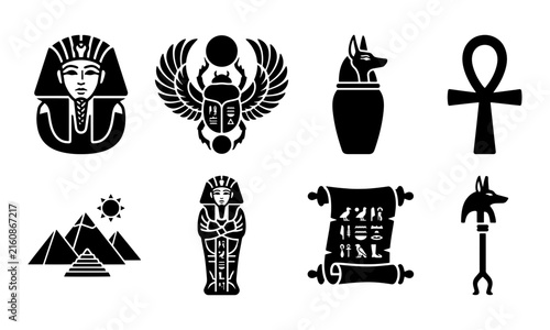 Ancient Egypt icons set, black silhouettes of pharaoh, scarab beetle, canopic jar, and ankh cross