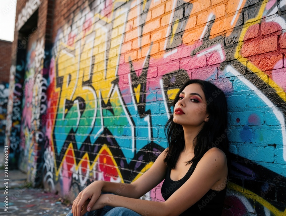 Naklejka premium Young woman sits against brick wall covered in vibrant graffiti art. She has dark hair and makeup. Urban setting, casual style, urban afternoon vibe.