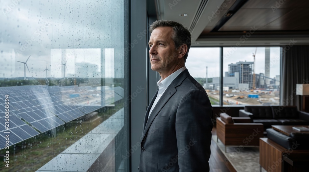 Fototapeta premium Thoughtful businessman in suit looking through rainy window at solar panels wind turbines and industrial factory for sustainable green energy transition corporate concept.
