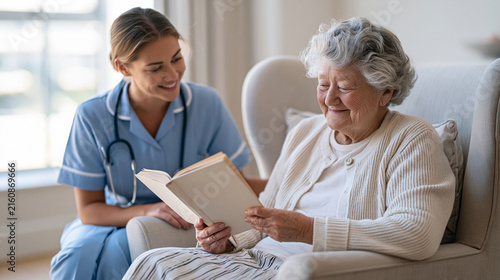 Elder care nurse in hospital dayroom, elderly resident closing final chapter of well loved paperback with contented expression, nurse seated beside offering warm acknowledgment,