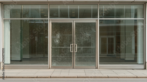Modern business entrance with fractured tempered glass panels and double door, showing damaged facade and empty commercial interior