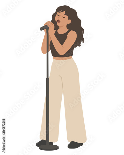 Hand-traced vector illustration of a young brunette female vocalist passionately singing into a handheld microphone on a tall stand, wearing a sleeveless dark top and flowing beige wide-leg trousers,