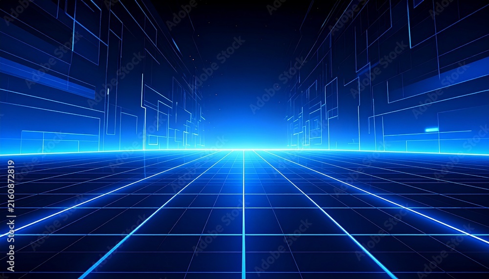 Naklejka premium Abstract Blue Futuristic Technology Background with Glowing Digital Lines, Grid Pattern, Data Connections, Geometric Perspective and Modern Science Design