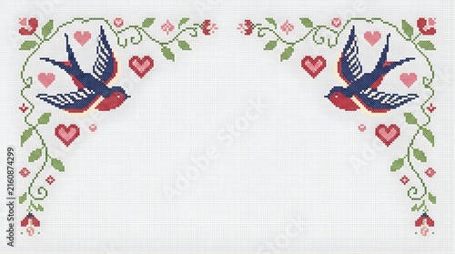 Cross stitch embroidery pattern with swallows and hearts for card design