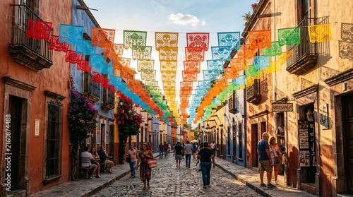 Colorful papel picado banners hung across vibrant colonial street in Mexico, Hispanic Heritage Month celebration, festive Dia de los Muertos atmosphere.